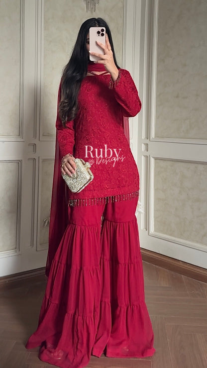 FARYAL Rouge - 3 Piece Chiffon Suit with Tiered Sharara