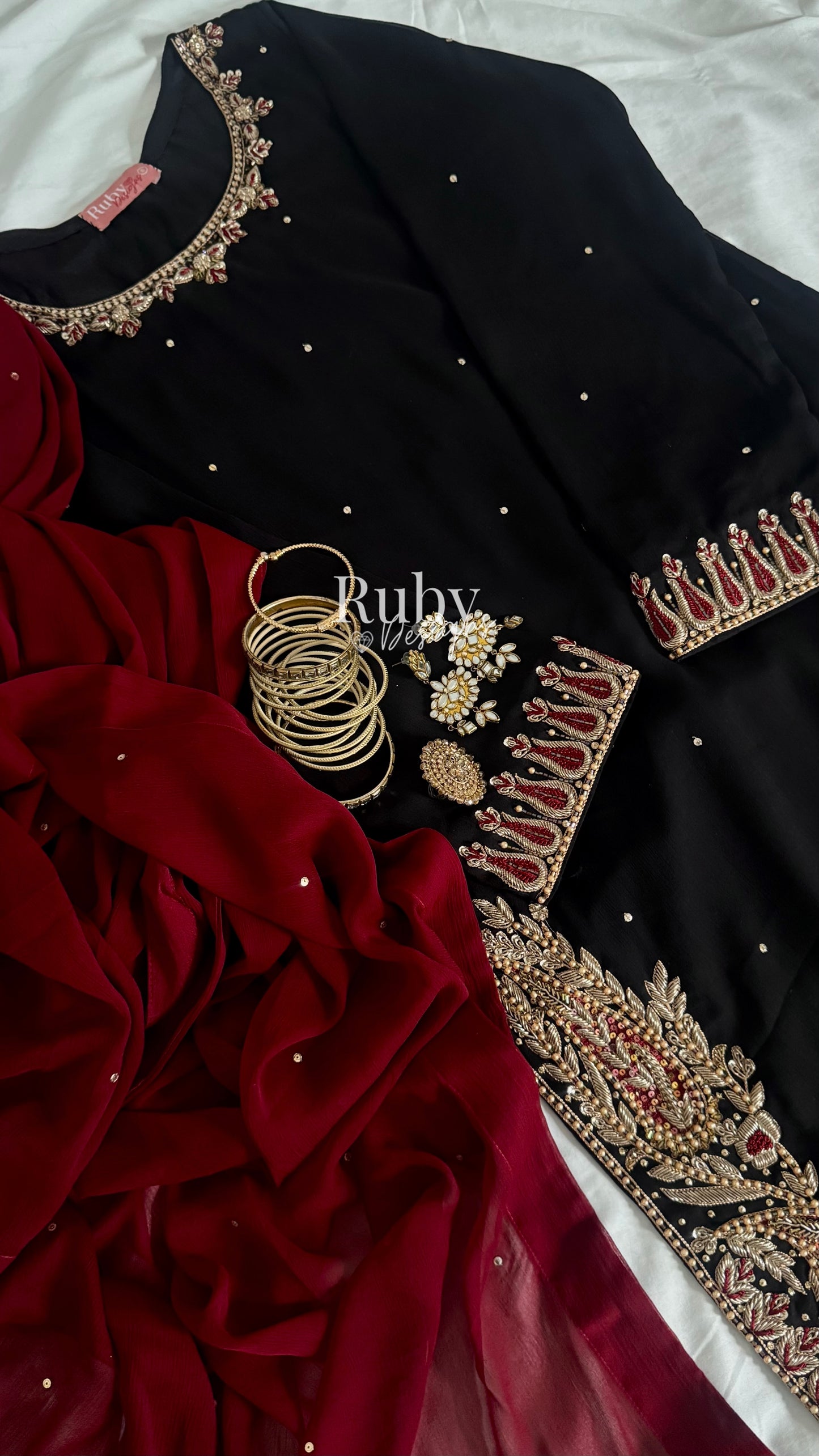 MEHRUNNISA - 3 Piece Black Chiffon Suit with Gold Handwork