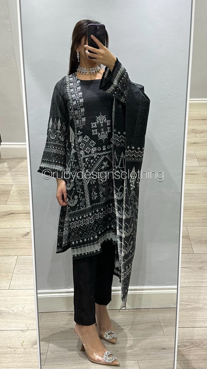 Original KHAS 3 Piece Black Lawn Suit with Printed Dupatta (8746817421525)