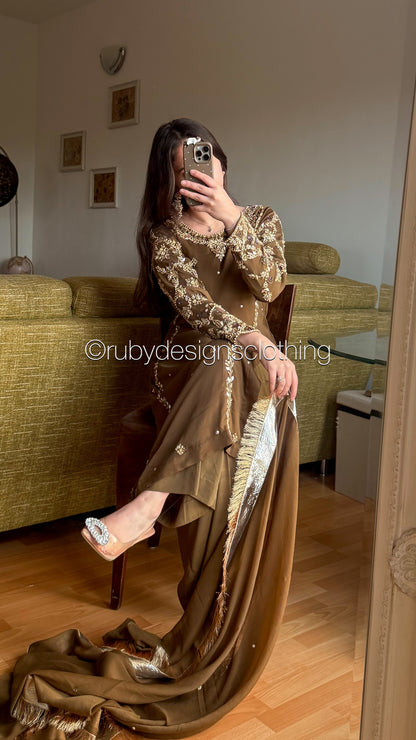 NAYRA Style 2 (Long Shirt) - 3 Piece Khaki Chiffon Suit with Trouser