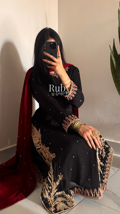 MEHRUNNISA - 3 Piece Black Chiffon Suit with Gold Handwork