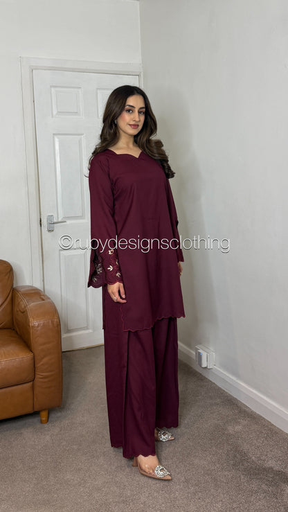 RIHAM - 3 Piece Maroon Marina Suit with Shawl