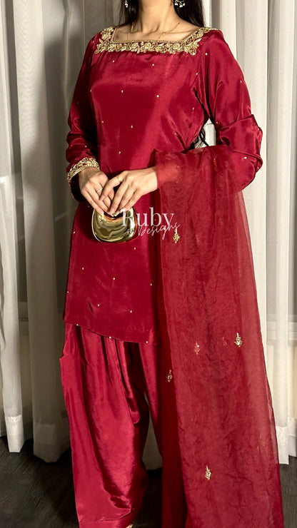 MEHER Rouge - 3 Piece Silk Suit with Farshi Shalwar