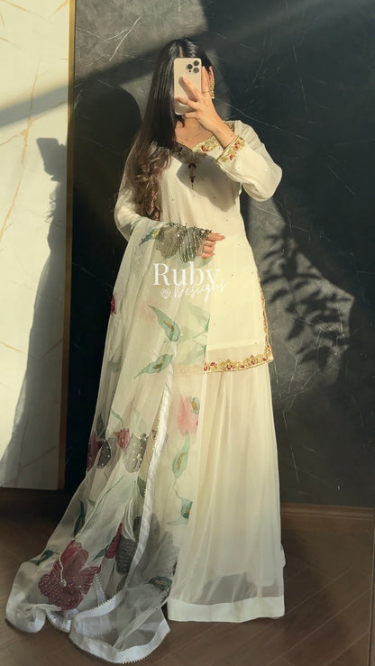 ZAIRA Ivory - 3 Piece Chiffon Sharara Suit with Hand Painted Dupatta