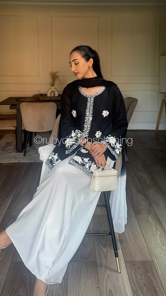 RAYA Noir  - 3 Piece Swiss Lawn Suit with Flowy Wide-Leg Pants