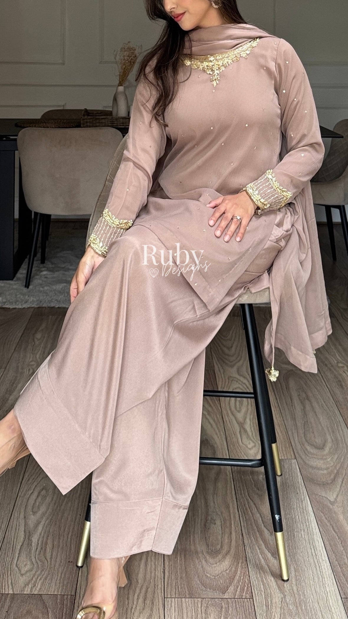 RAHA Latte - Luxury 3 Piece Chiffon Suit with Farshi Shalwar