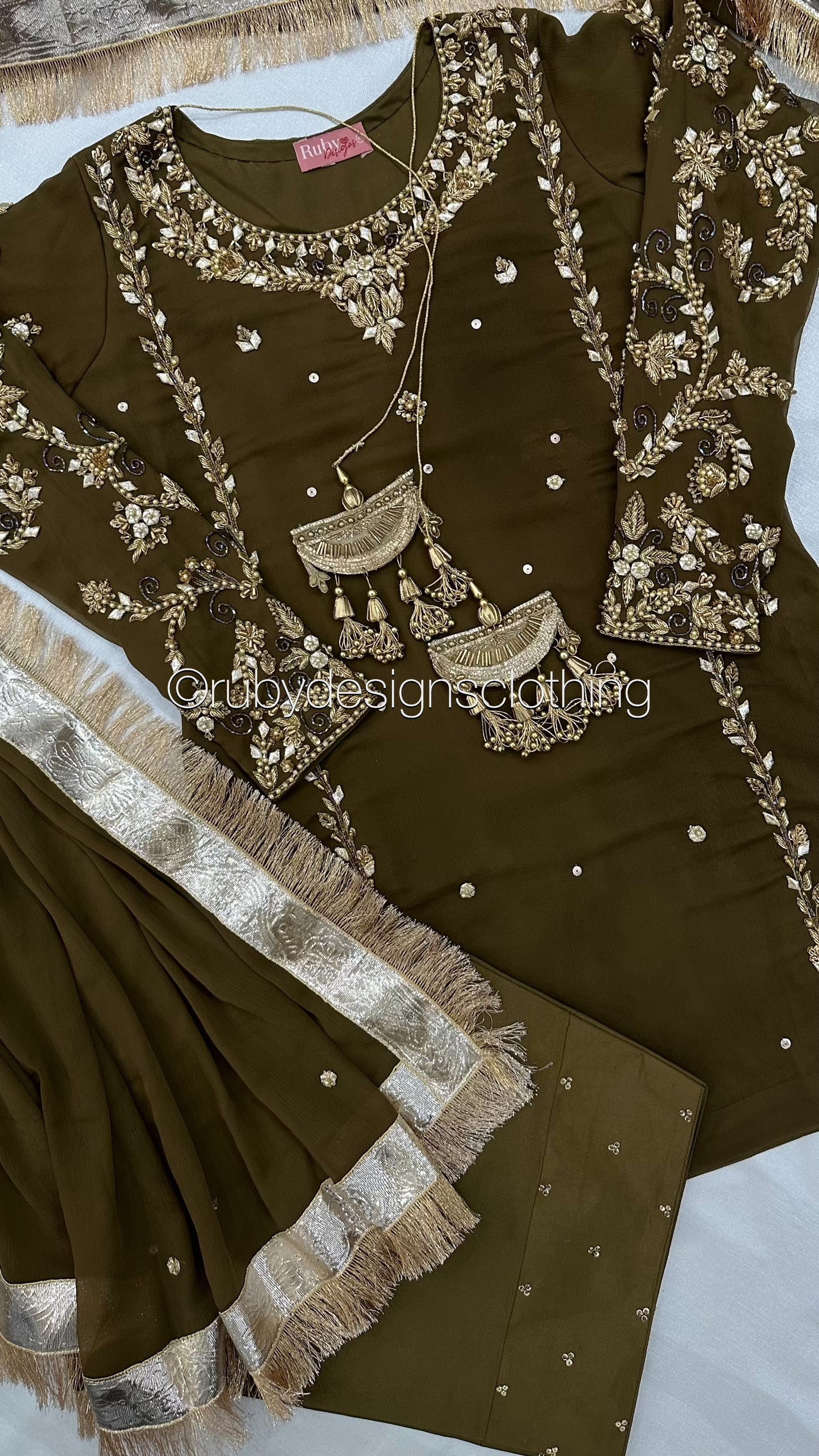NAYRA Style 3 (Short Shirt) - 3 Piece Khaki Chiffon Suit with Shalwar