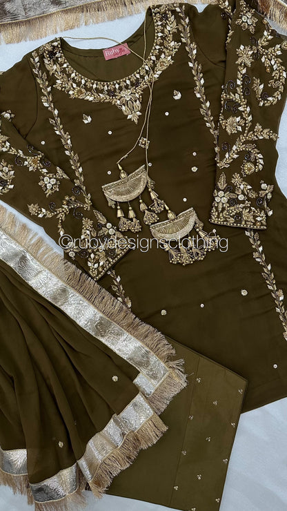 NAYRA Style 3 (Short Shirt) - 3 Piece Khaki Chiffon Suit with Shalwar