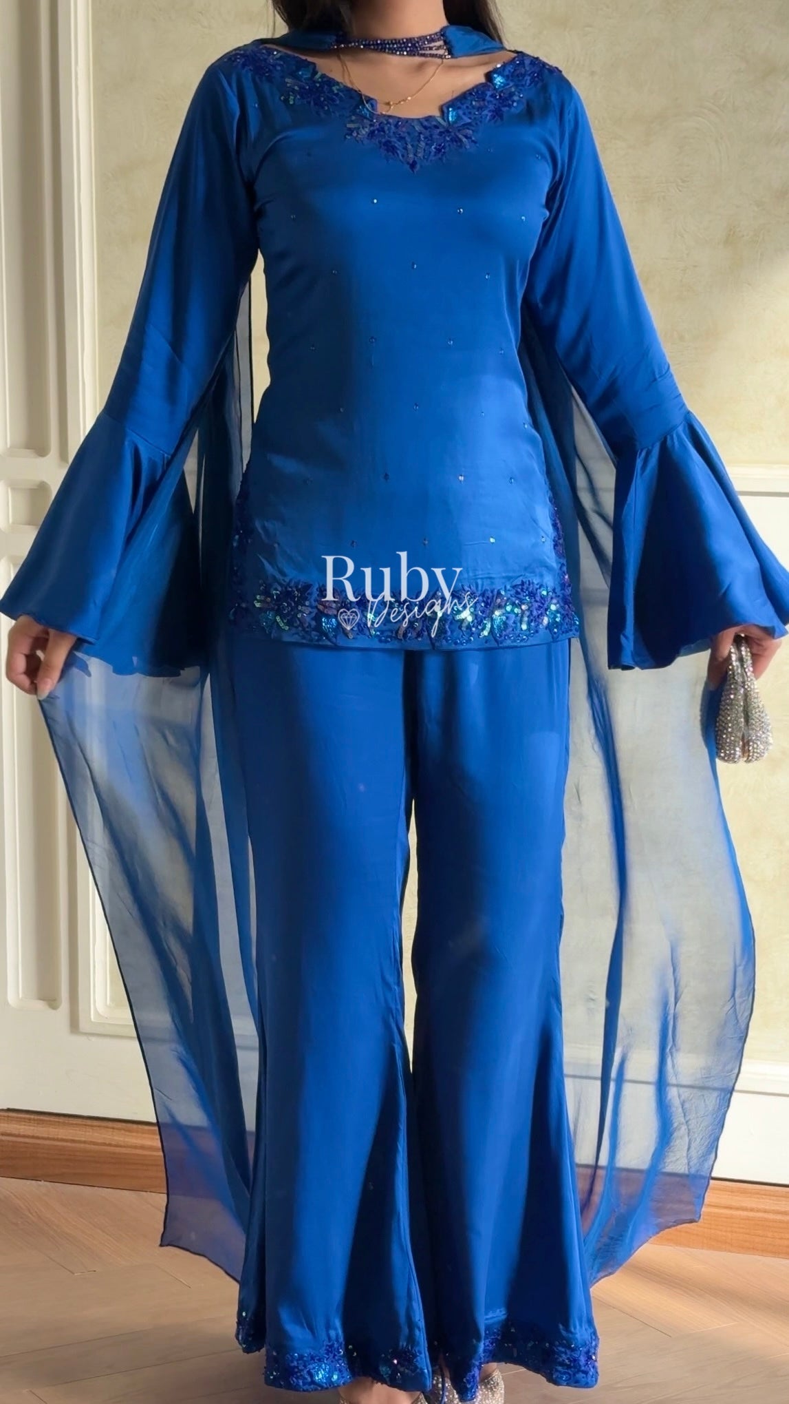 KAREENA Blue - 3 Piece Silk Suit with Crystal Choker Dupatta