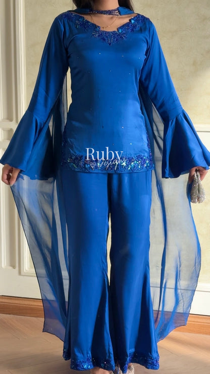 KAREENA Blue - 3 Piece Silk Suit with Crystal Choker Dupatta