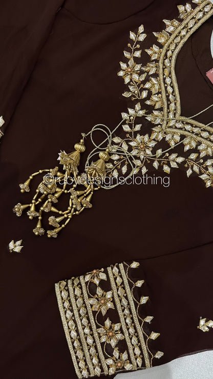 SAJAL Cocoa - 3 Piece Chiffon Suit with Farshi Shalwar and Gota Handwork