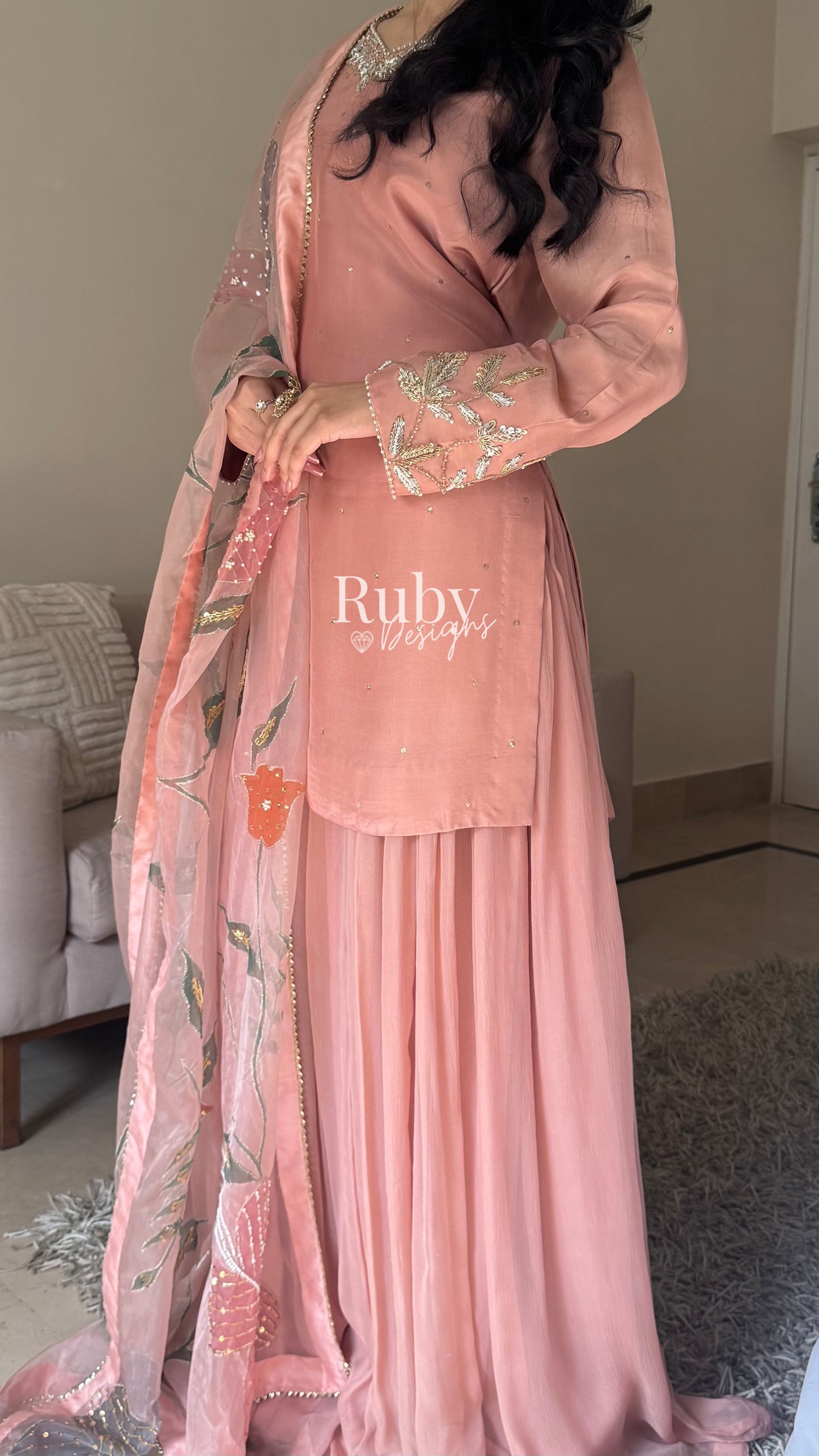 ZAIRA Rose - 3 Piece Chiffon Sharara Suit with Hand Painted Dupatta