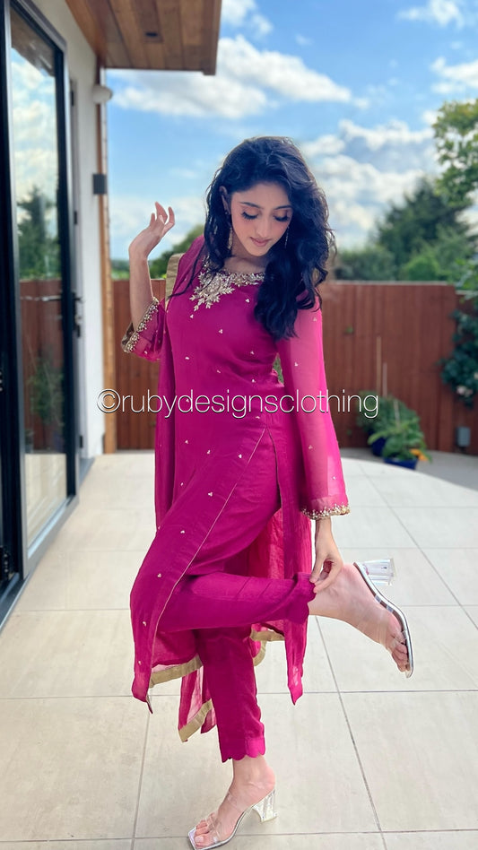 ALVIA Pink - 3 Piece Pink Chiffon Suit with Gold Handwork