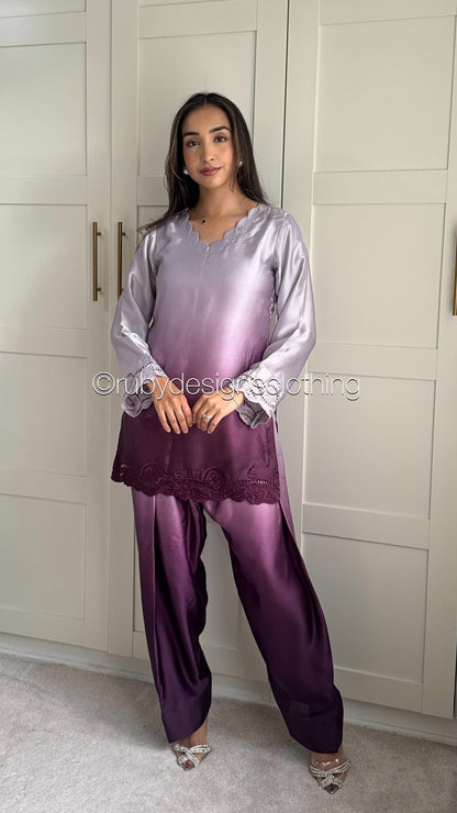Plum Dusk - 3 Piece Silk Suit with Farshi Shalwar