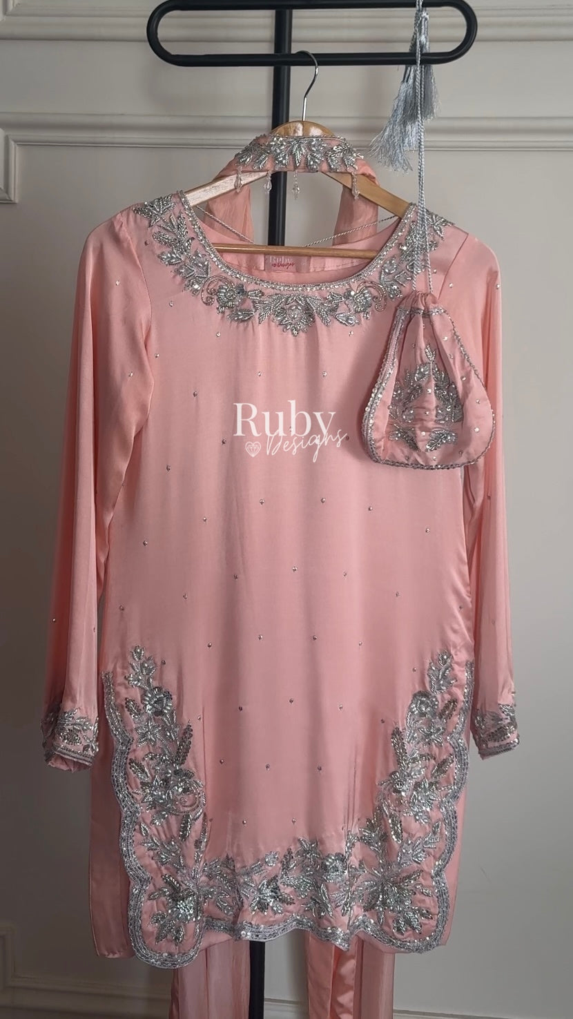 PARISA Peach - 4 Piece Silk Suit with Matching Potli Bag
