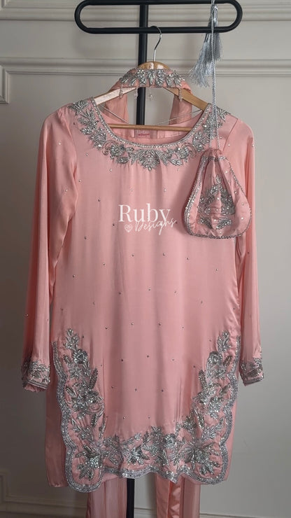 PARISA Peach - 4 Piece Silk Suit with Matching Potli Bag