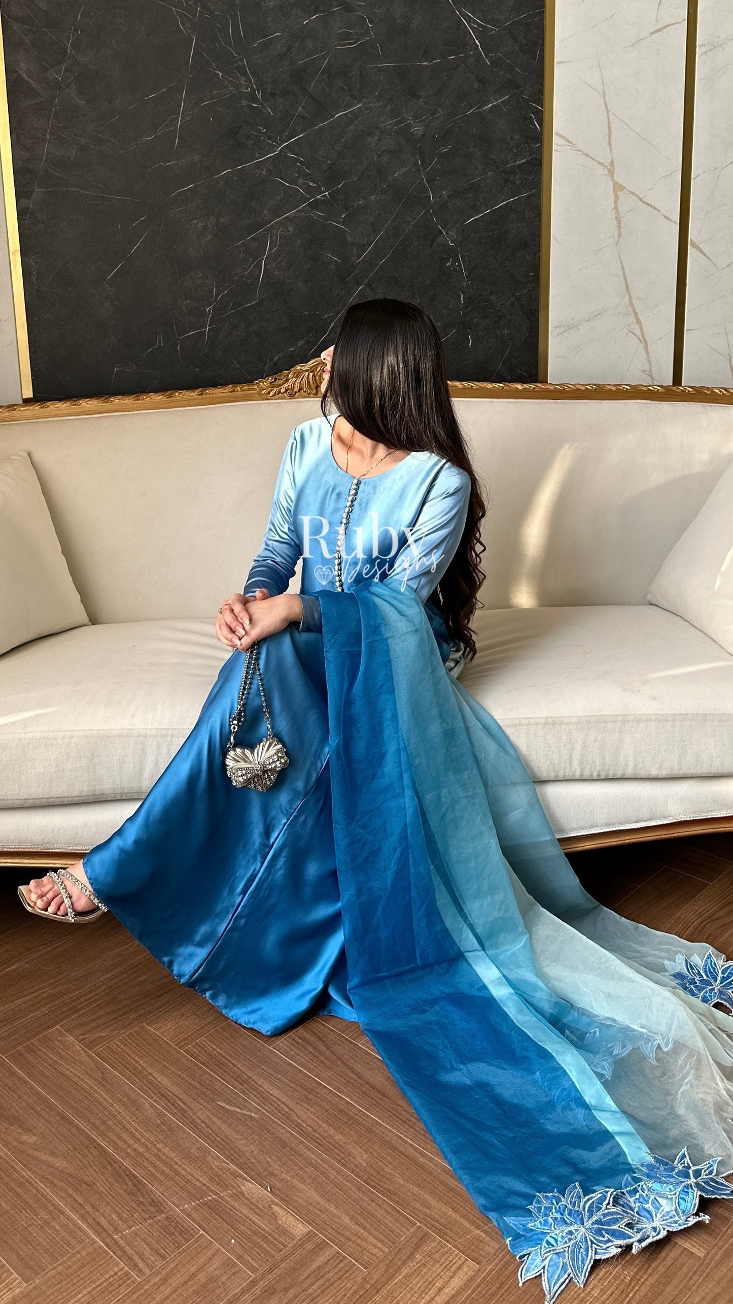 FIHA Azure - 3 Piece Ombrè Silk Suit with Flowy Wide Pants