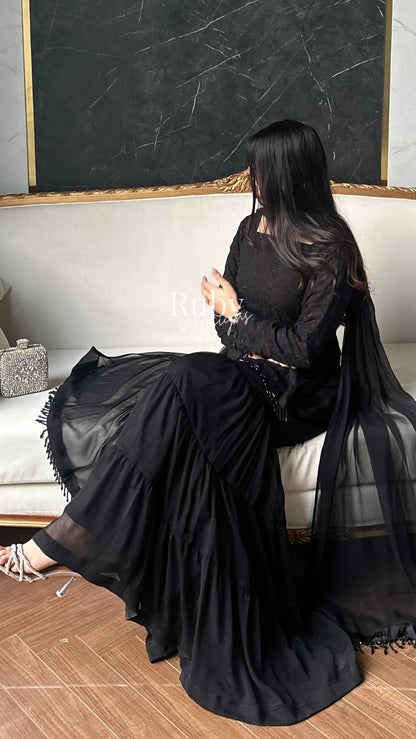FARYAL Noir - 3 Piece Chiffon Suit with Tiered Sharara