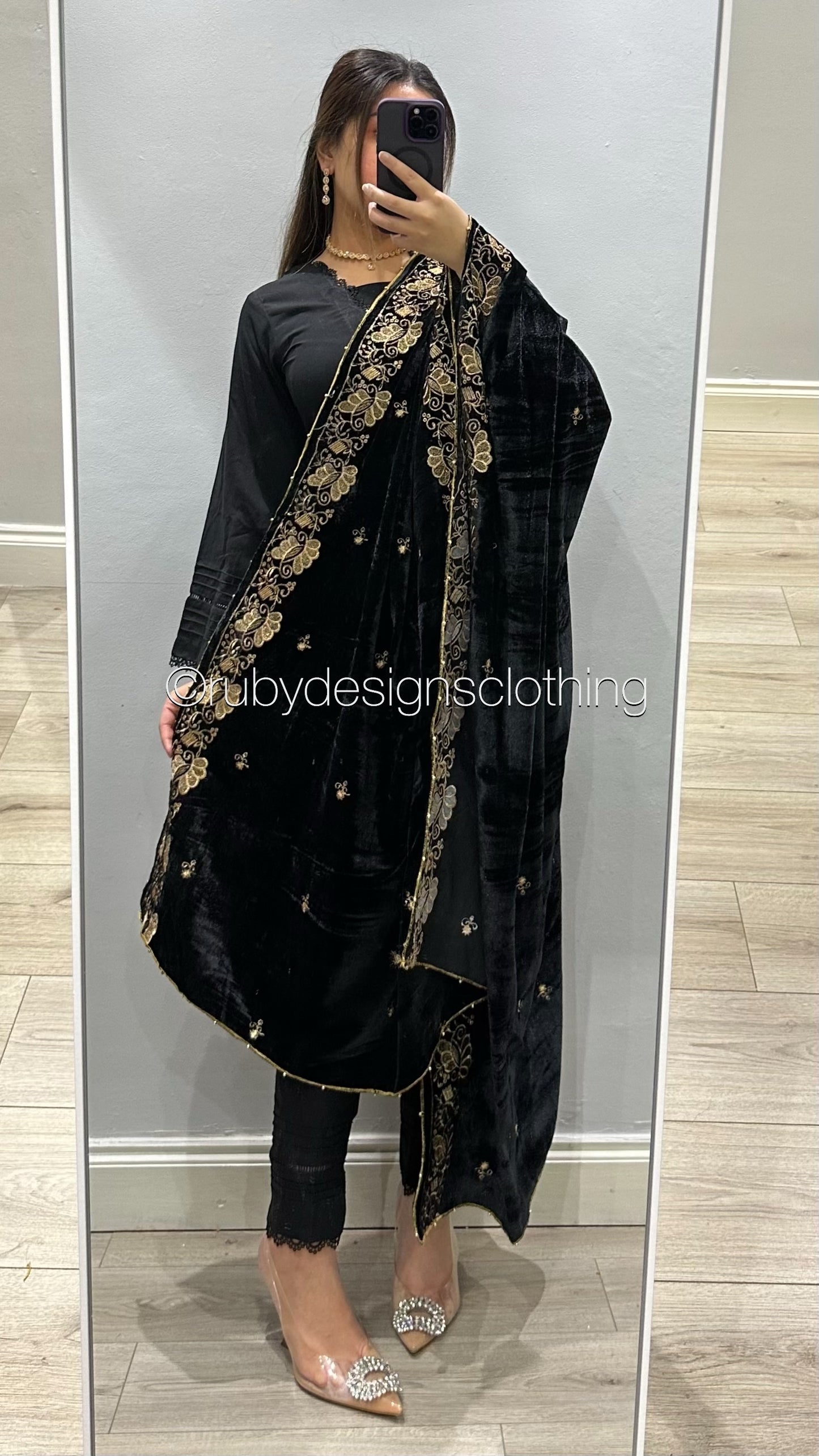 Black Velvet Shawl with Gold Embroidery (8746838753493)