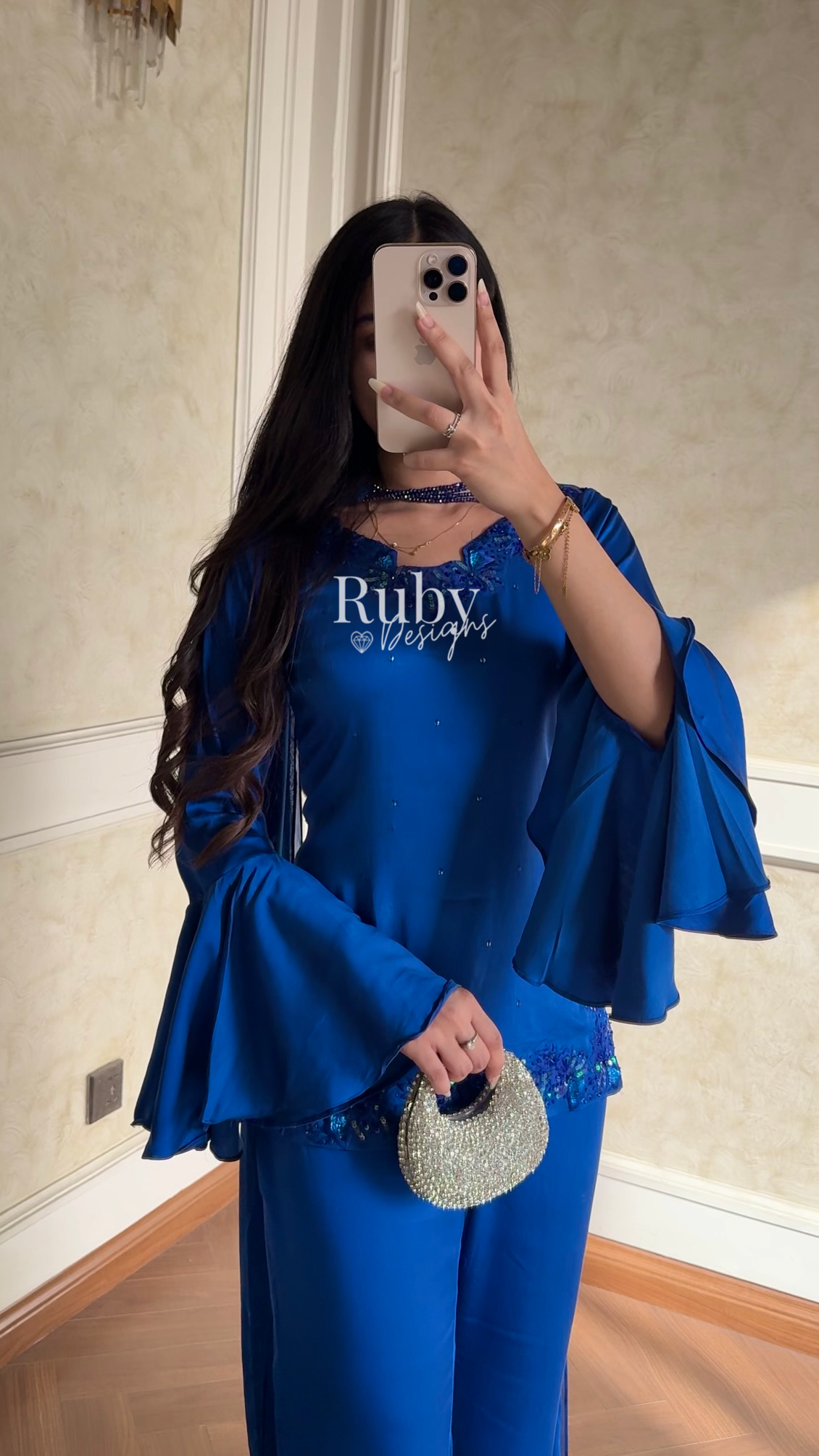 KAREENA Blue - 3 Piece Silk Suit with Crystal Choker Dupatta