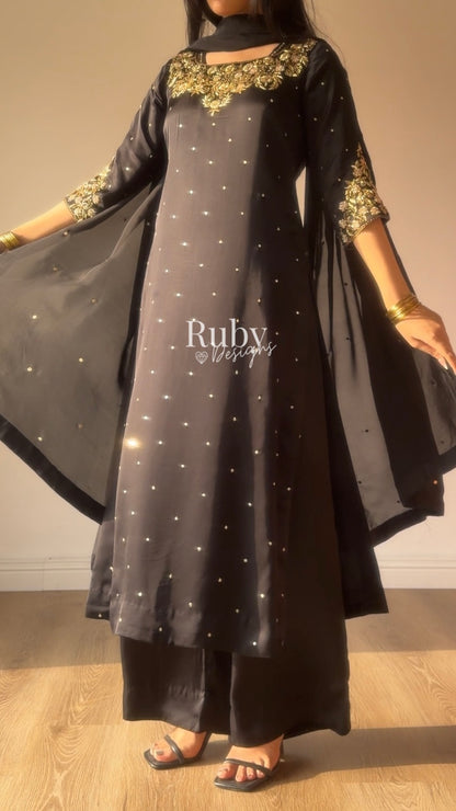 HANIA Noir - 3 Piece Silk Suit with Straight Trouser