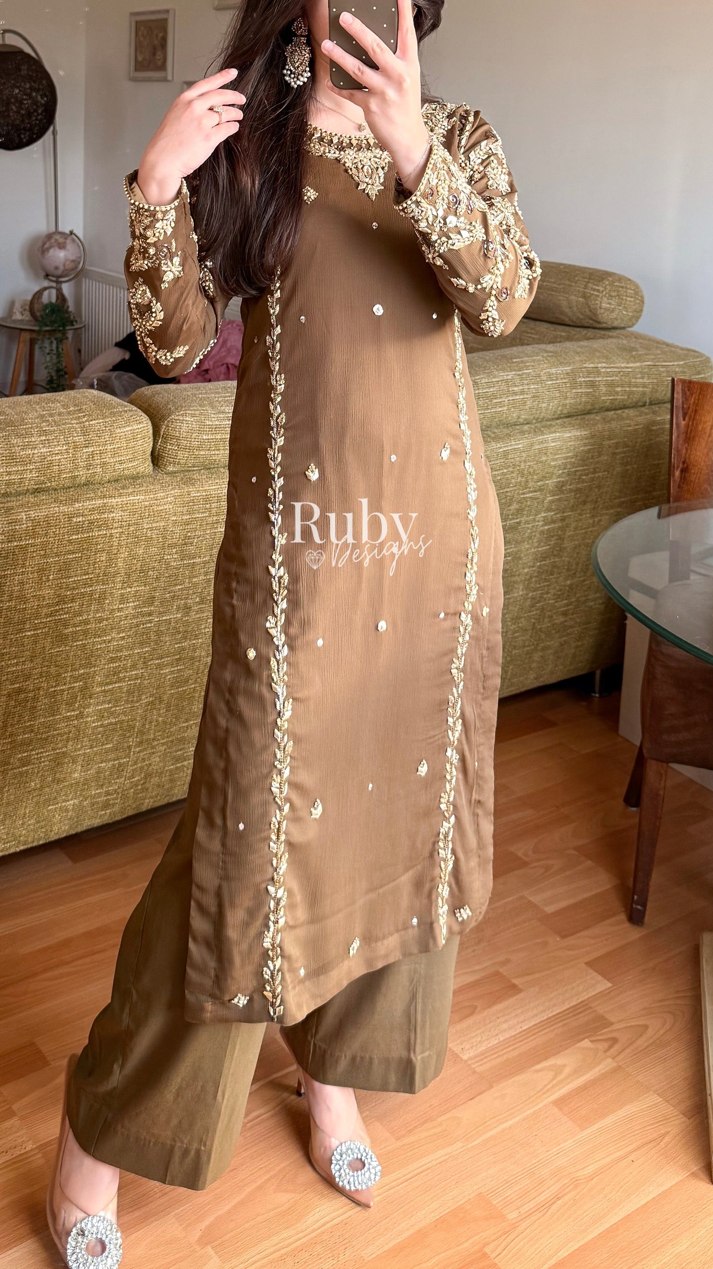 NAYRA Style 2 (Long Shirt) - 3 Piece Khaki Chiffon Suit with Trouser