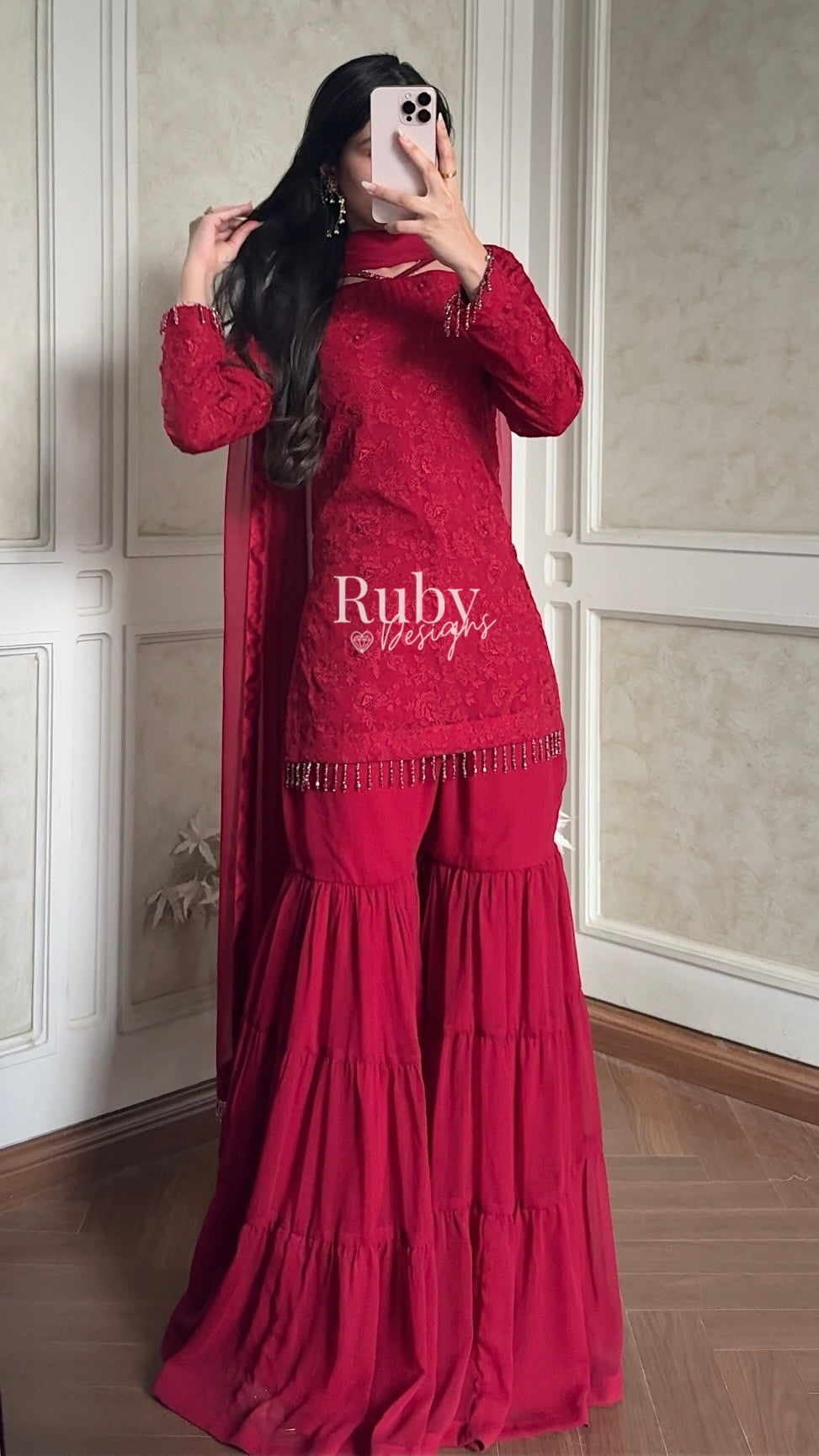 FARYAL Rouge - 3 Piece Chiffon Suit with Tiered Sharara