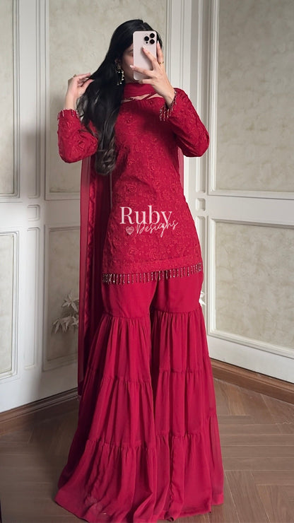 FARYAL Rouge - 3 Piece Chiffon Suit with Tiered Sharara