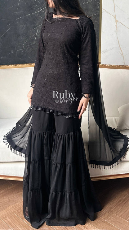 FARYAL Noir - 3 Piece Chiffon Suit with Tiered Sharara