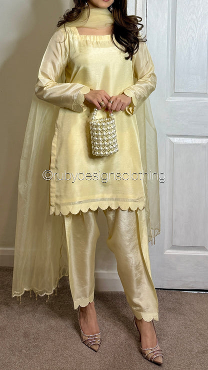 HAYAT Butter - 3 Piece Silk Suit with Skinny Shalwar