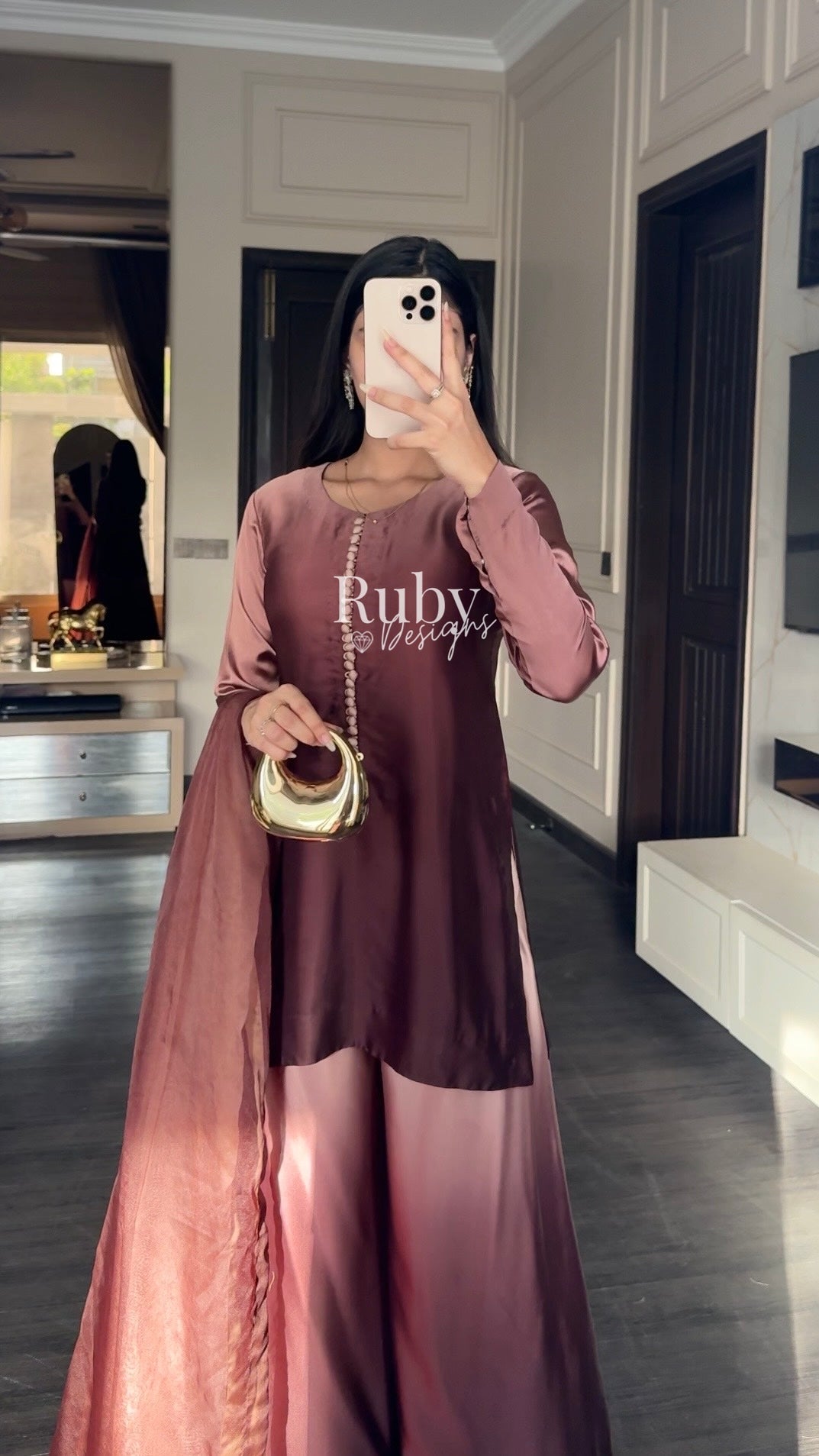 FIHA Mocha - 3 Piece Ombrè Silk Suit with Flowy Wide Pants