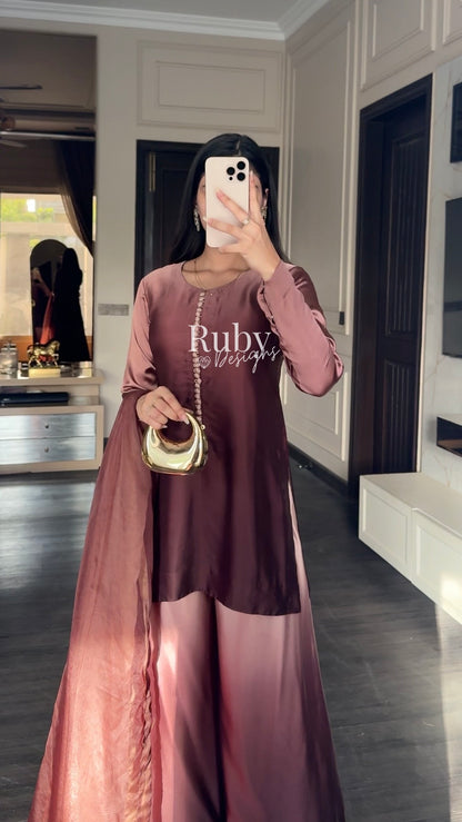 FIHA Mocha - 3 Piece Ombrè Silk Suit with Flowy Wide Pants