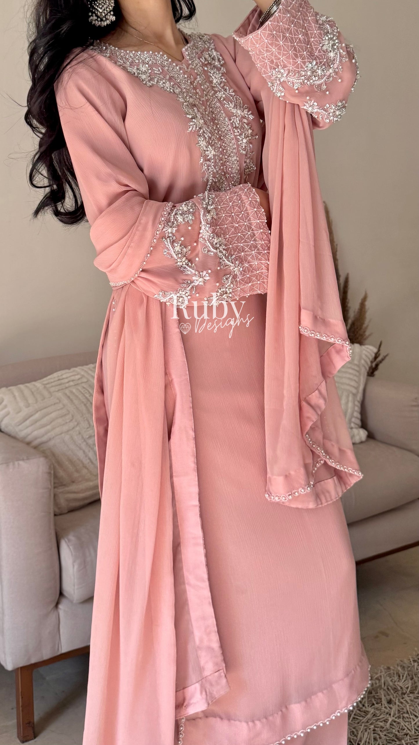 AREEN Blush - 3 Piece Chiffon Suit with Pearl and Stone Handwork
