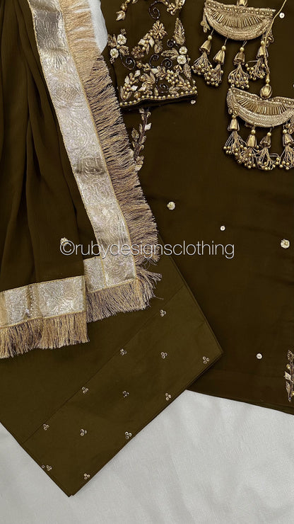 NAYRA Style 3 (Short Shirt) - 3 Piece Khaki Chiffon Suit with Shalwar