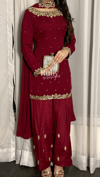 HUMNA Ruby - 3 Piece Chiffon Suit with Farshi Shalwar