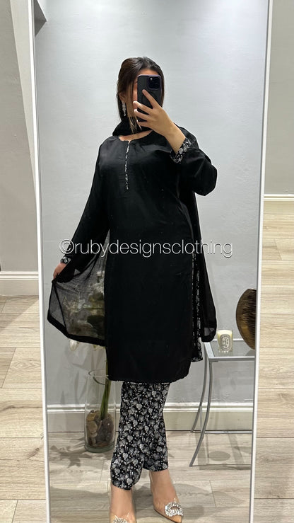 3 Piece Black Linen Suit with Printed Shalwar (8746822369493)