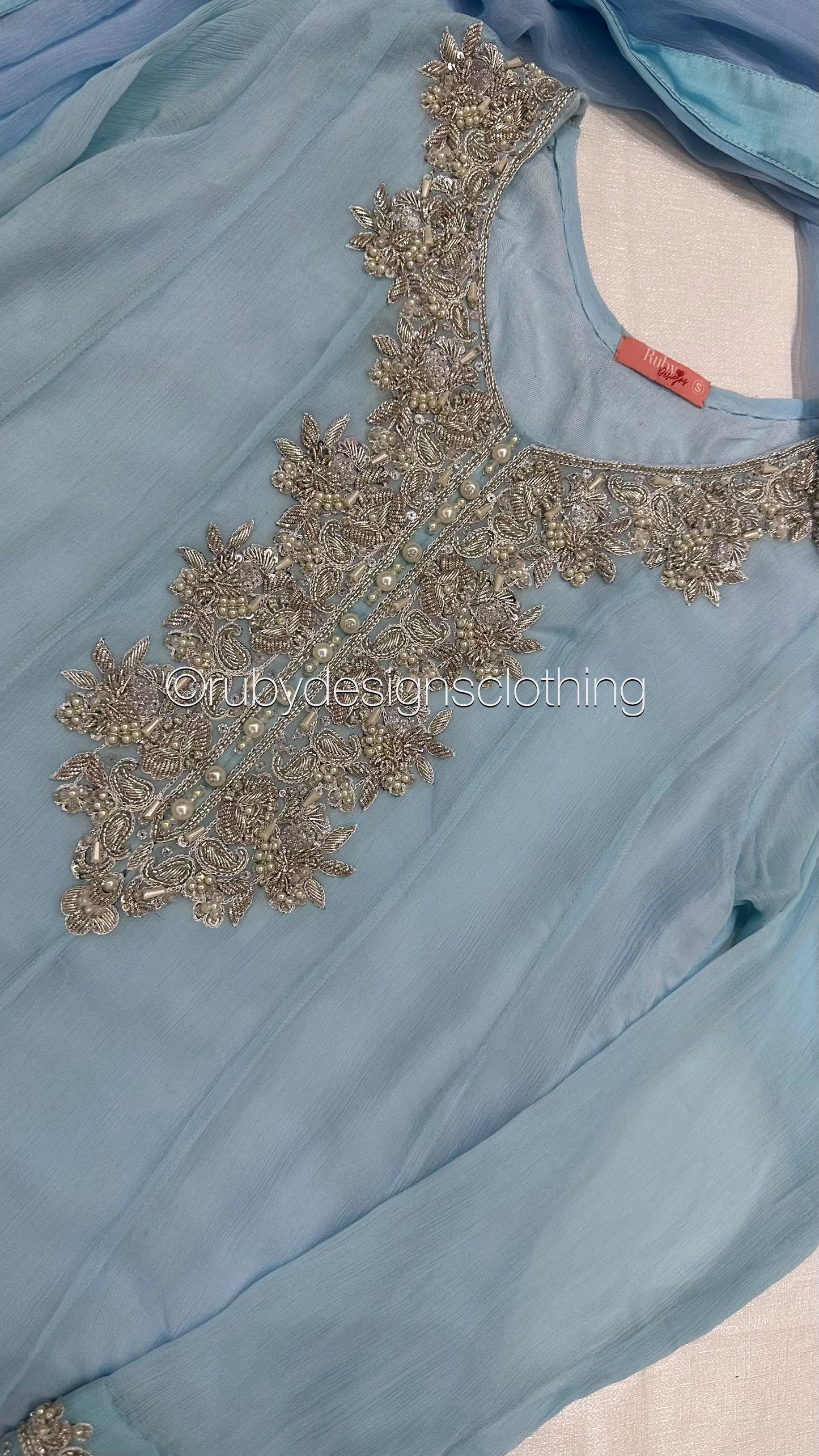 FALAK - 3 Piece Ice Blue Chiffon Dress with Chiffon Dupatta