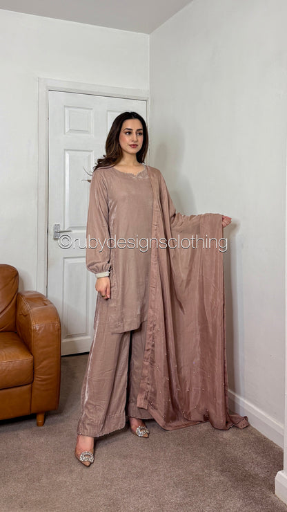 ALIA - 3 Piece Nude Luxury Velvet Suit with Pearls