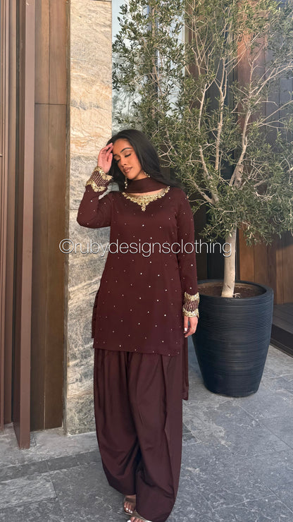 RAHA Mocha - Luxury 3 Piece Chiffon Suit with Farshi Shalwar