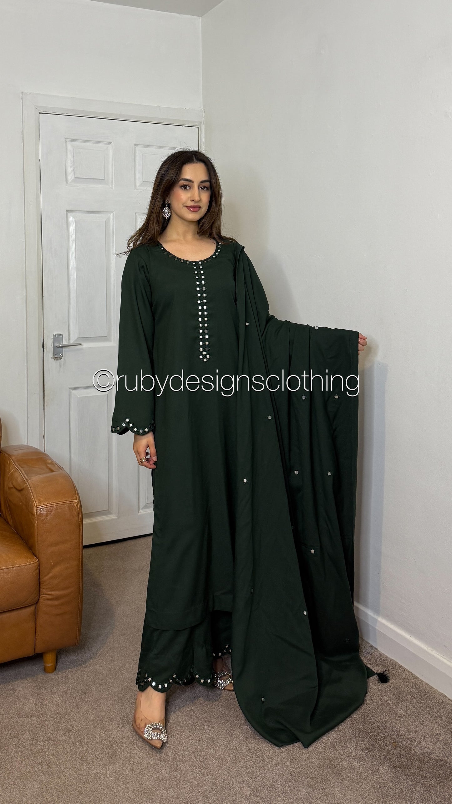 HANIA - 3 Piece Forest Green Marina Suit with Shawl
