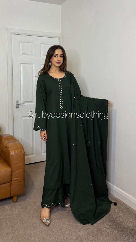 HANIA - 3 Piece Forest Green Marina Suit with Shawl