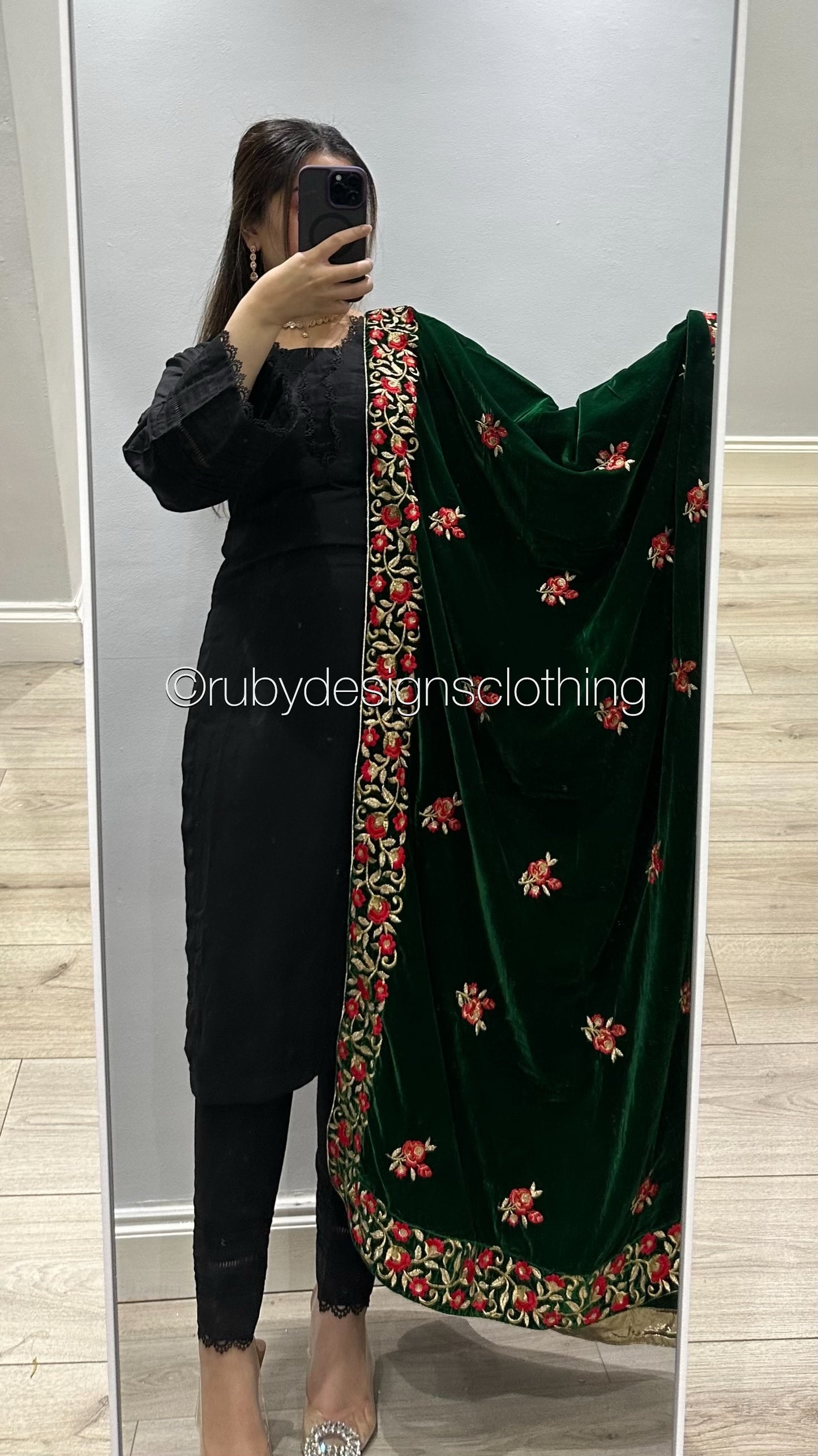 Green Velvet Shawl with Red and Gold Embroidery (8746841047253)