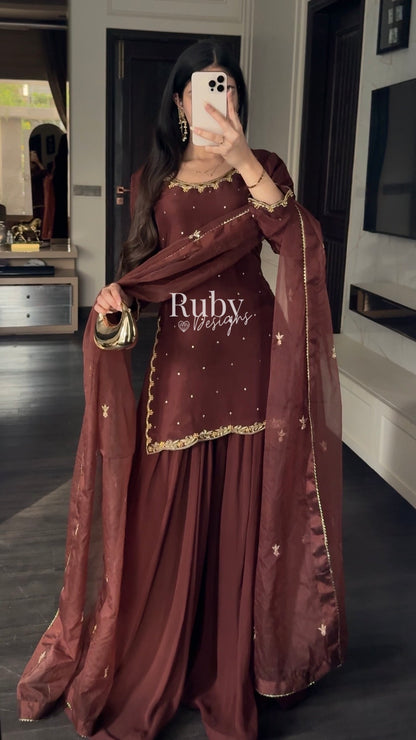 ZEBA Chocolate - 3 Piece Luxury Suit with Sharara