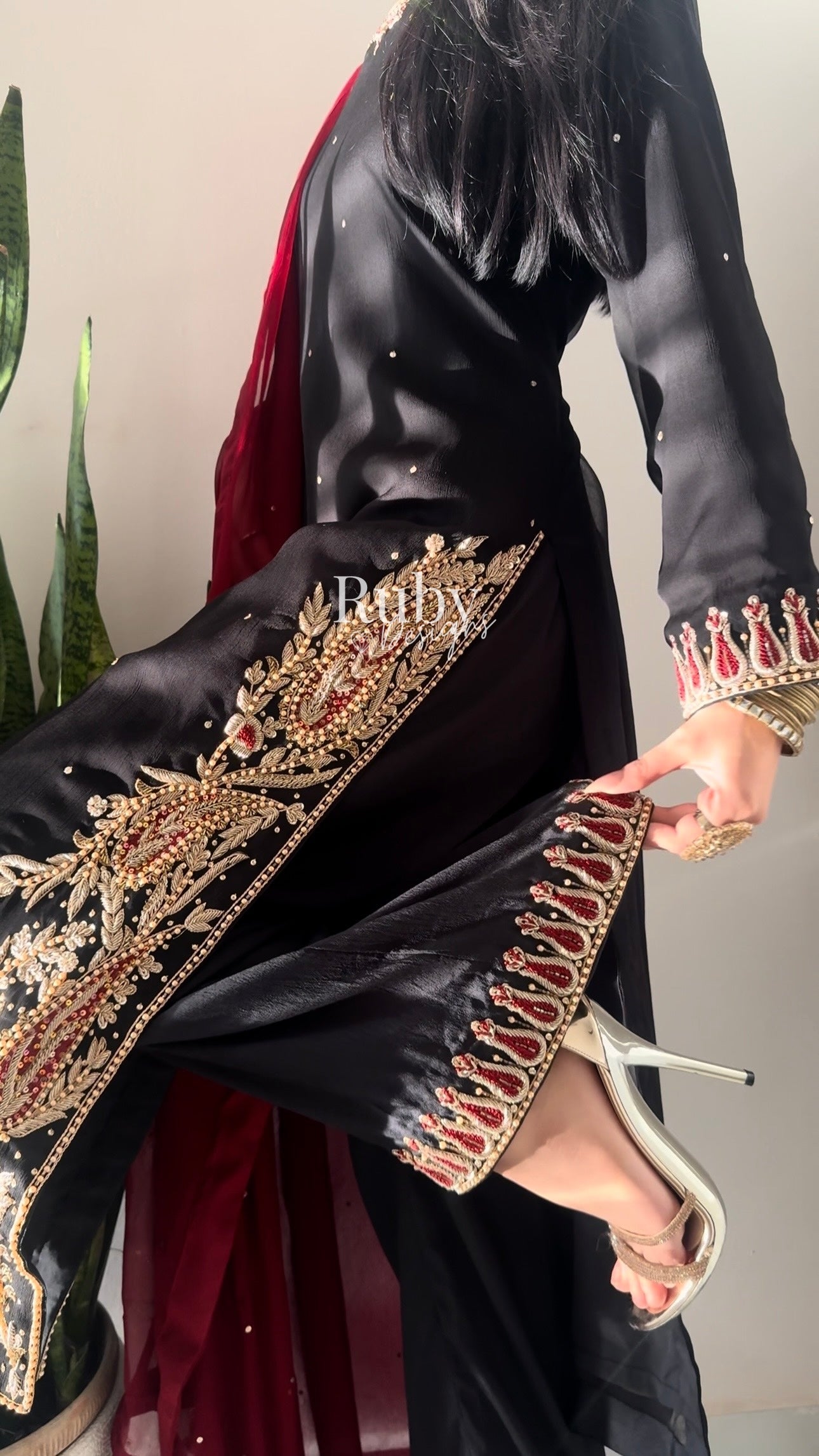 MEHRUNNISA - 3 Piece Black Chiffon Suit with Gold Handwork