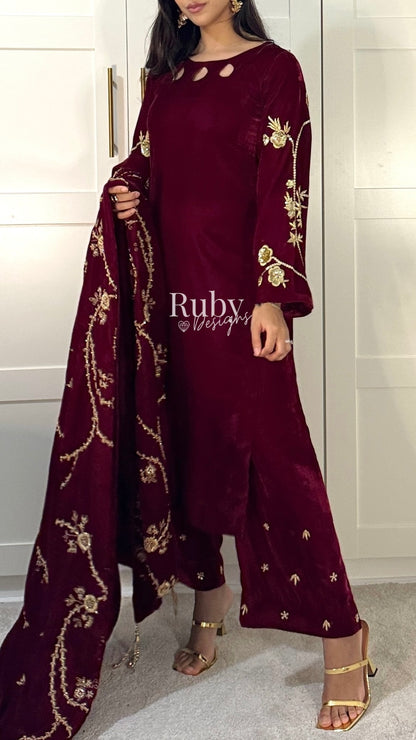 RAISA Cherry - 3 Piece Luxury Velvet Suit with Heavy Embellished Shawl