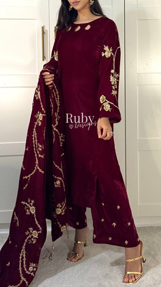 RAISA Cherry - 3 Piece Luxury Velvet Suit with Heavy Embellished Shawl