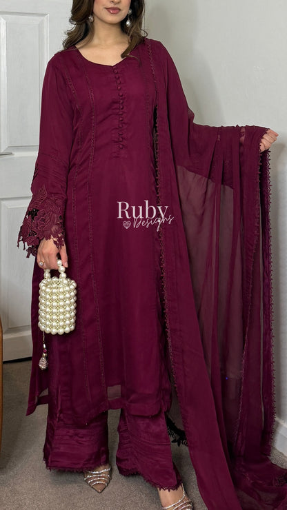 MINHA Berry - 3 Piece Chiffon Suit with Cutwork
