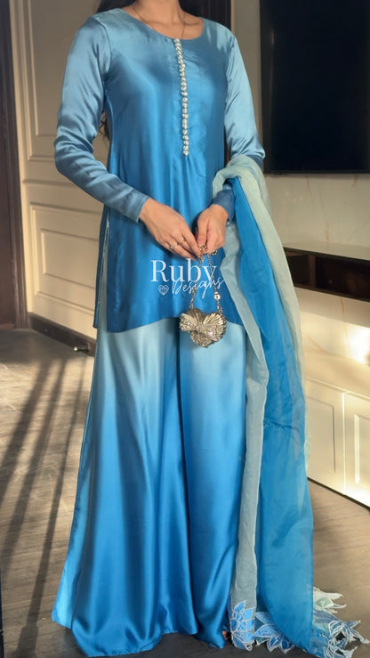 FIHA Azure - 3 Piece Ombrè Silk Suit with Flowy Wide Pants