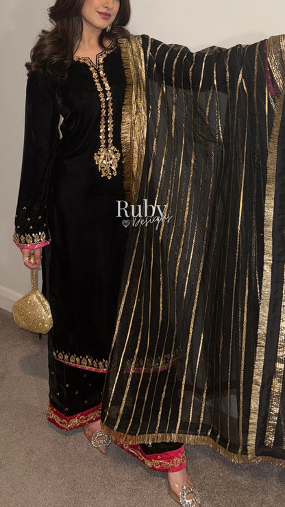 NAYAB - 3 Piece Luxury Velvet Suit with Gold Handwork