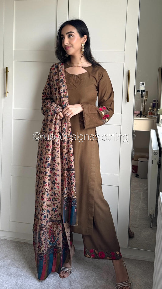 MINA - 3 Piece Khaki Marina Suit with Printed Pashmina Shawl